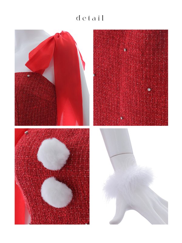 画像46: 【即日発送！】【サンタコス 4点セット】【S-Lサイズ/2カラー】リボンショルダーツイードビジューミディアムサンタコスプレ[OF04] (46)