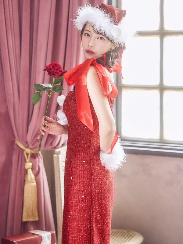 画像31: 【即日発送！】【サンタコス 4点セット】【S-Lサイズ/2カラー】リボンショルダーツイードビジューミディアムサンタコスプレ[YMT] (31)