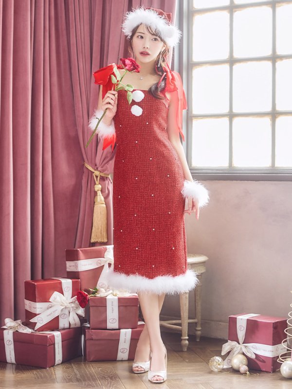 画像34: 【即日発送！】【サンタコス 4点セット】【S-Lサイズ/2カラー】リボンショルダーツイードビジューミディアムサンタコスプレ[YMT] (34)