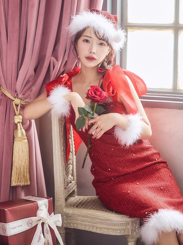 画像37: 【即日発送！】【サンタコス 4点セット】【S-Lサイズ/2カラー】リボンショルダーツイードビジューミディアムサンタコスプレ[YMT] (37)