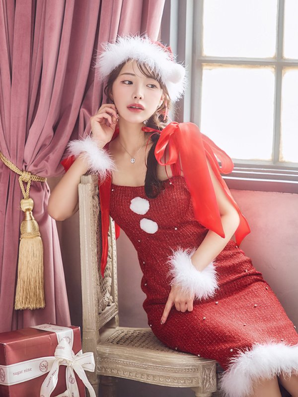 画像39: 【即日発送！】【サンタコス 4点セット】【S-Lサイズ/2カラー】リボンショルダーツイードビジューミディアムサンタコスプレ[YMT] (39)
