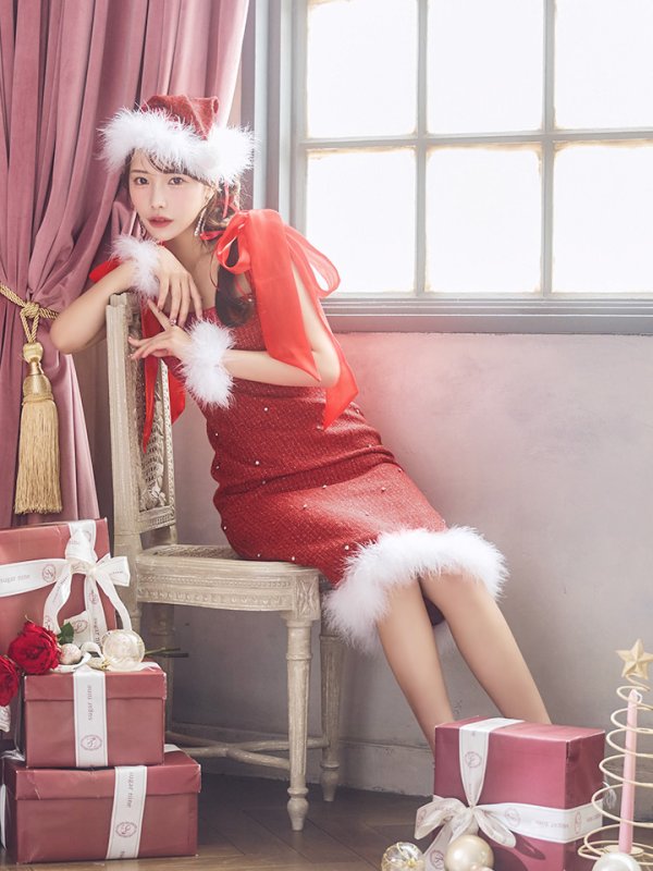 画像20: 【サンタSALE!!】【即日発送！】【サンタコス 4点セット】【S-Lサイズ/2カラー】リボンショルダーツイードビジューミディアムサンタコスプレ[OF04] (20)