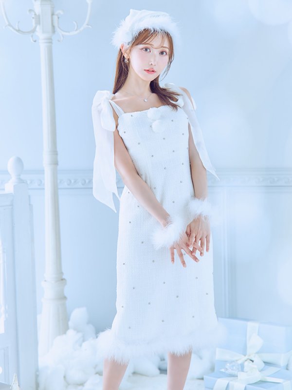 画像11: 【即日発送！】【サンタコス 4点セット】【S-Lサイズ/2カラー】リボンショルダーツイードビジューミディアムサンタコスプレ[YMT] (11)