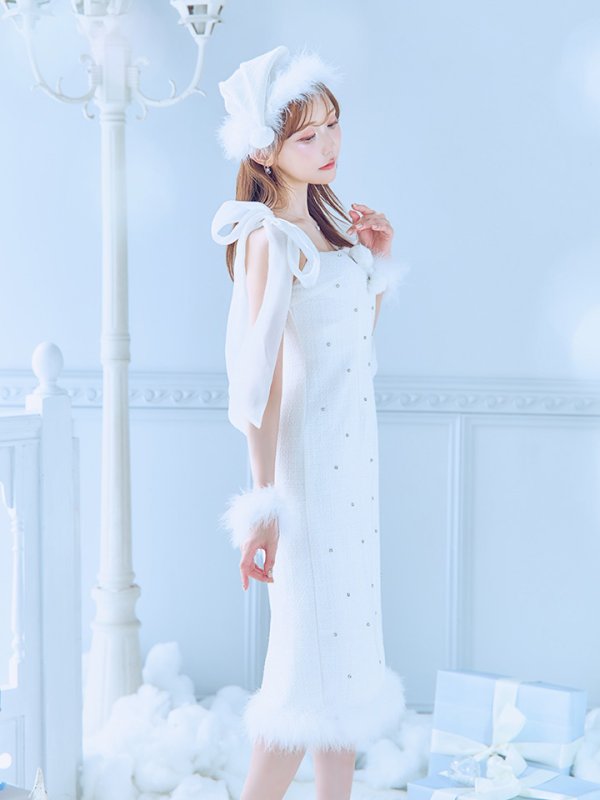 画像12: 【即日発送！】【サンタコス 4点セット】【S-Lサイズ/2カラー】リボンショルダーツイードビジューミディアムサンタコスプレ[YMT] (12)