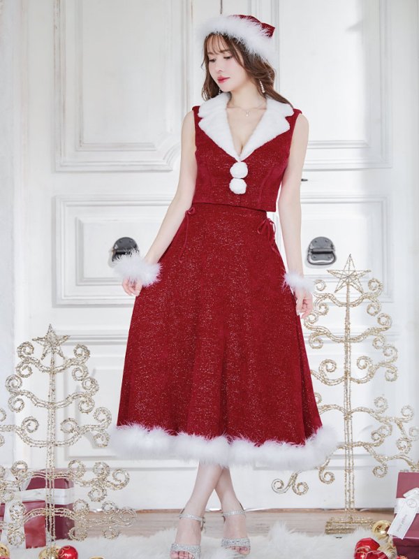 画像4: 【ノベルティ対象】【即日発送！】【サンタコス 5点セット】【S-Lサイズ/1カラー】セットアップ襟付きミディアムサンタコスプレ[YMT] (4)