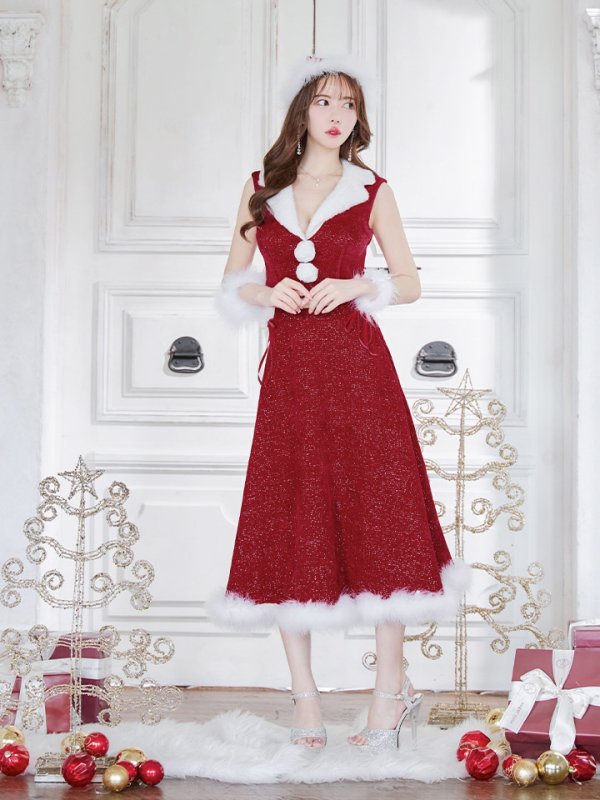 画像9: 【ノベルティ対象】【即日発送！】【サンタコス 5点セット】【S-Lサイズ/1カラー】セットアップ襟付きミディアムサンタコスプレ[YMT] (9)