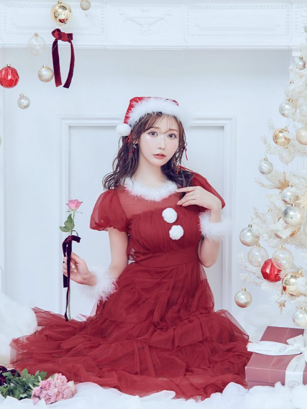 画像12: 【即日発送！】【サンタコス 3点セット】【S-Lサイズ/1カラー】シースルーフリルチュールサンタコスプレ[YMT] (12)