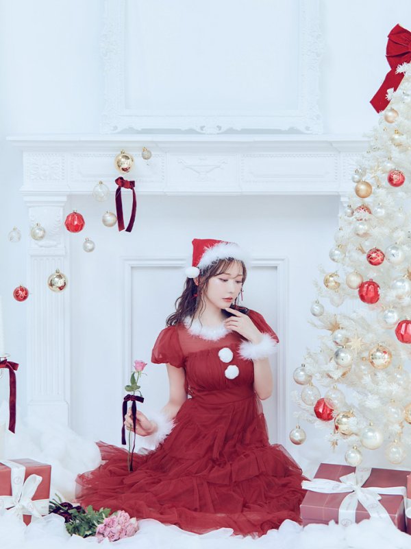 画像13: 【即日発送！】【サンタコス 3点セット】【S-Lサイズ/1カラー】シースルーフリルチュールサンタコスプレ[YMT] (13)