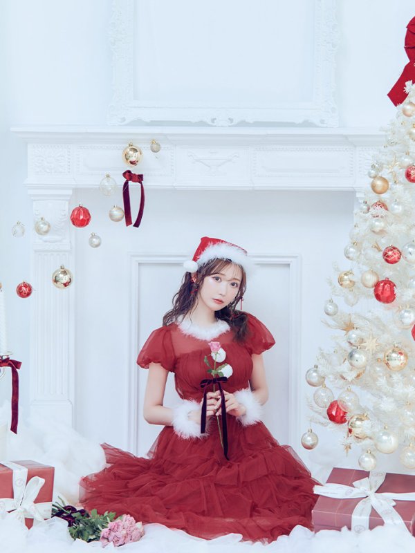 画像14: 【即日発送！】【サンタコス 3点セット】【S-Lサイズ/1カラー】シースルーフリルチュールサンタコスプレ[YMT] (14)