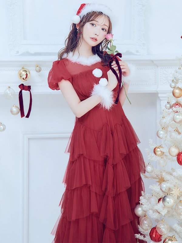 画像15: 【即日発送！】【サンタコス 3点セット】【S-Lサイズ/1カラー】シースルーフリルチュールサンタコスプレ[YMT] (15)