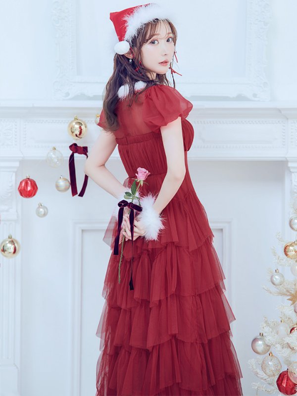 画像19: 【即日発送！】【サンタコス 3点セット】【S-Lサイズ/1カラー】シースルーフリルチュールサンタコスプレ[YMT] (19)