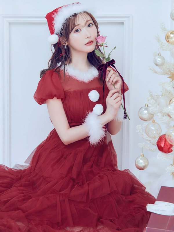 画像2: 【即日発送！】【サンタコス 3点セット】【S-Lサイズ/1カラー】シースルーフリルチュールサンタコスプレ[YMT] (2)