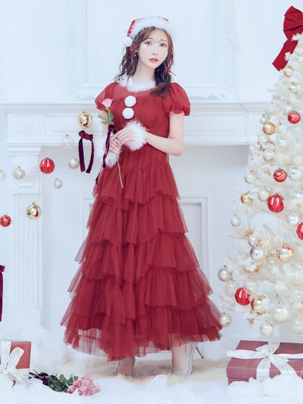 画像4: 【即日発送！】【サンタコス 3点セット】【S-Lサイズ/1カラー】シースルーフリルチュールサンタコスプレ[YMT] (4)