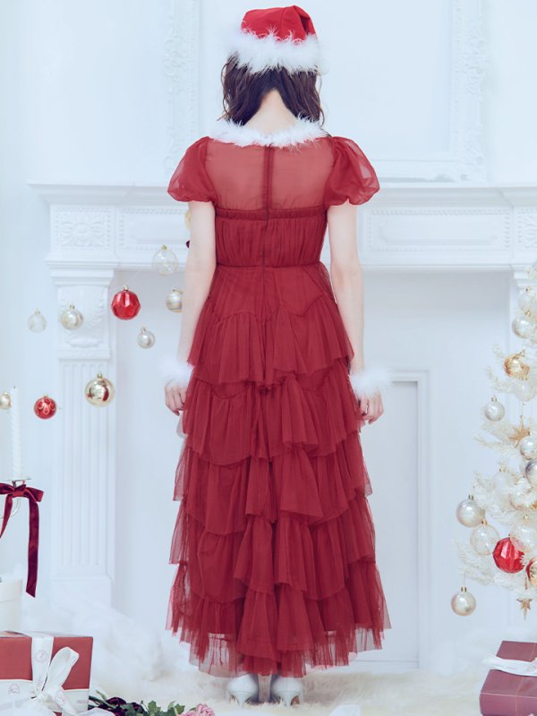 画像5: 【即日発送！】【サンタコス 3点セット】【S-Lサイズ/1カラー】シースルーフリルチュールサンタコスプレ[YMT] (5)
