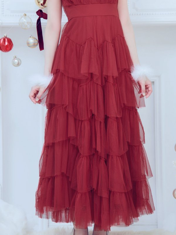 画像7: 【即日発送！】【サンタコス 3点セット】【S-Lサイズ/1カラー】シースルーフリルチュールサンタコスプレ[YMT] (7)