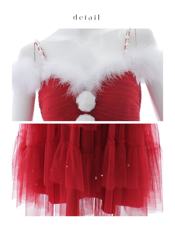 画像19: 【即日発送！】【サンタコス 4点セット】【M-XLサイズ/1カラー】オフショルフリルチュールサンタコスプレ[OF04] (19)