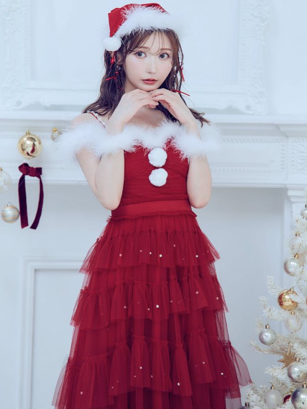 画像13: 【即日発送！】【サンタコス 4点セット】【M-XLサイズ/1カラー】オフショルフリルチュールサンタコスプレ[OF04] (13)