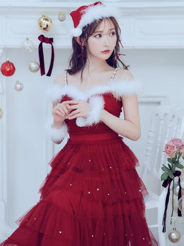 画像14: 【即日発送！】【サンタコス 4点セット】【M-XLサイズ/1カラー】オフショルフリルチュールサンタコスプレ[OF04] (14)