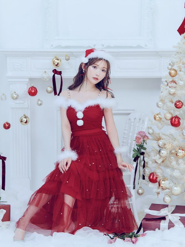 画像15: 【即日発送！】【サンタコス 4点セット】【M-XLサイズ/1カラー】オフショルフリルチュールサンタコスプレ[OF04] (15)