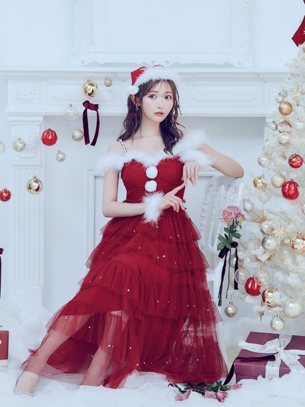 画像16: 【即日発送！】【サンタコス 4点セット】【M-XLサイズ/1カラー】オフショルフリルチュールサンタコスプレ[OF04] (16)