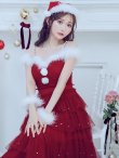 画像2: 【即日発送！】【サンタコス 4点セット】【M-XLサイズ/1カラー】オフショルフリルチュールサンタコスプレ[YMT] (2)