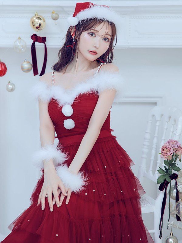 画像2: 【即日発送！】【サンタコス 4点セット】【M-XLサイズ/1カラー】オフショルフリルチュールサンタコスプレ[OF04] (2)