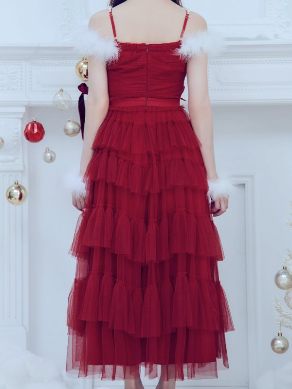 画像5: 【即日発送！】【サンタコス 4点セット】【M-XLサイズ/1カラー】オフショルフリルチュールサンタコスプレ[OF04] (5)