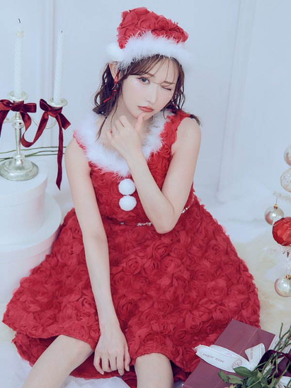 画像2: 【ノベルティ対象】【即日発送！】【サンタコス 4点セット】【S-Mサイズ/2カラー】立体ローズショートインスカートサンタコスプレ[YMT] (2)
