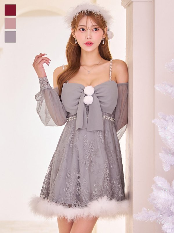 画像1: 【即日発送！】【サンタコス 3点セット】【XS-Lサイズ/2カラー】フロントビッグリボンオフショル袖付きフレアサンタ[OF04] (1)