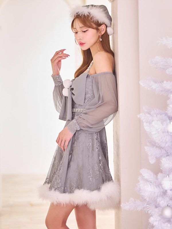 画像14: 【即日発送！】【サンタコス 3点セット】【XS-Lサイズ/2カラー】フロントビッグリボンオフショル袖付きフレアサンタ[OF04] (14)