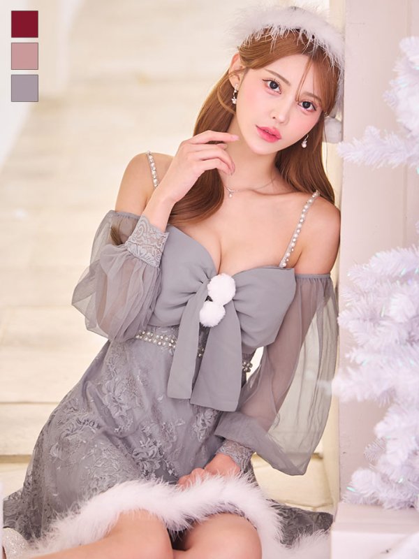 画像2: 【即日発送！】【サンタコス 3点セット】【XS-Lサイズ/2カラー】フロントビッグリボンオフショル袖付きフレアサンタ[OF04] (2)