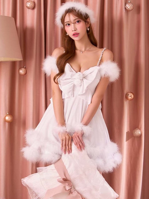 画像1: 【サンタSALE!!】【即日発送！】【サンタコス 4点セット】【XS-Lサイズ/4カラー】フロントビッグリボンオフショルフレアサンタ[HC03] (1)