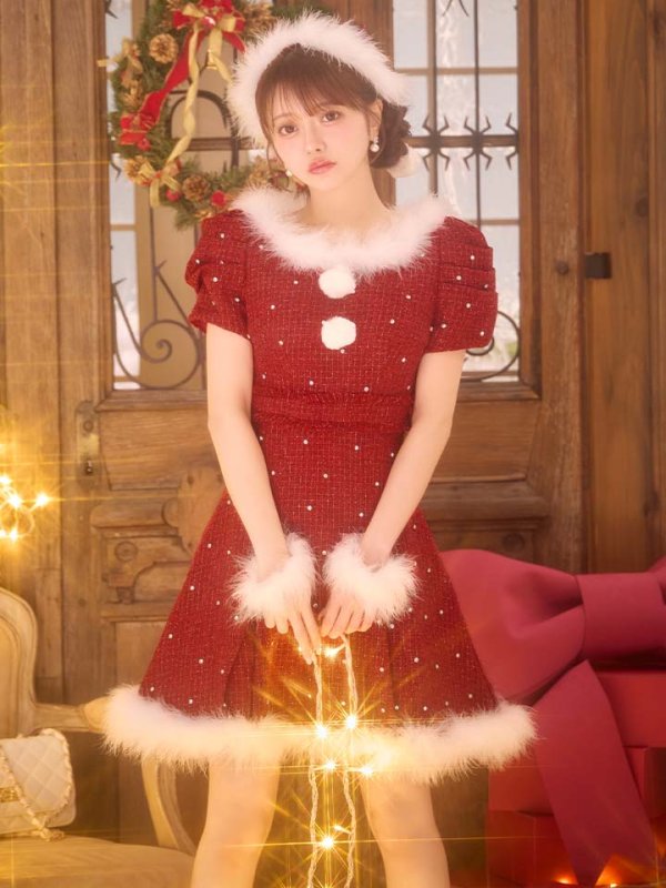 画像2: 【即日発送！】【サンタコス 4点セット】【XS-XLサイズ/3カラー】ツイードビジュープリーツスカートサンタコスプレ[HC03] (2)