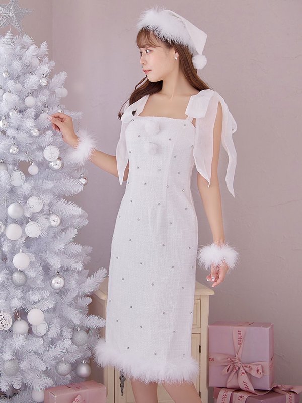 画像10: 【即日発送！】【サンタコス 4点セット】【S-Lサイズ/2カラー】リボンショルダーツイードビジューミディアムサンタコスプレ[OF04] (10)