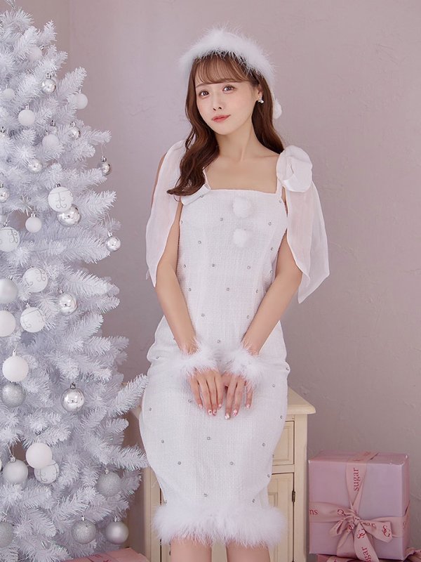 画像16: 【即日発送！】【サンタコス 4点セット】【S-Lサイズ/2カラー】リボンショルダーツイードビジューミディアムサンタコスプレ[OF04] (16)