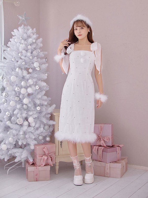 画像6: 【即日発送！】【サンタコス 4点セット】【S-Lサイズ/2カラー】リボンショルダーツイードビジューミディアムサンタコスプレ[OF04] (6)