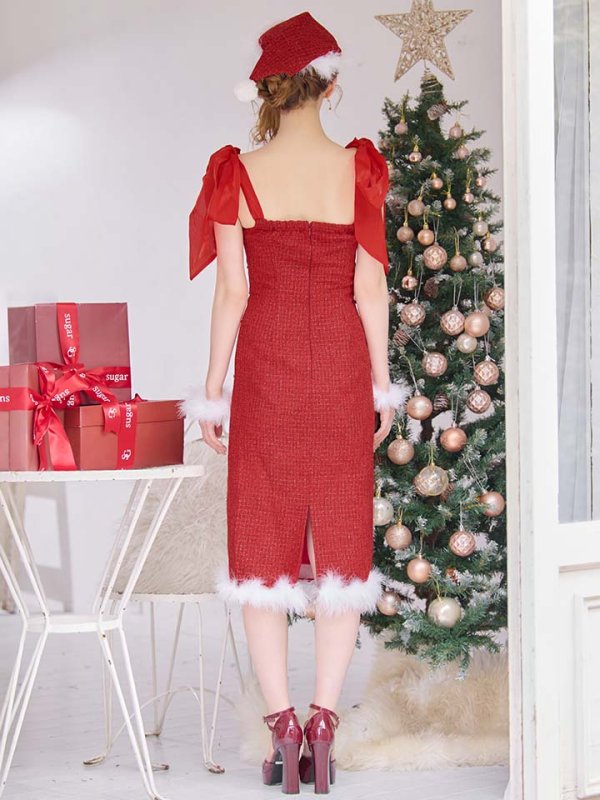 画像26: 【即日発送！】【サンタコス 4点セット】【S-Lサイズ/2カラー】リボンショルダーツイードビジューミディアムサンタコスプレ[OF04] (26)