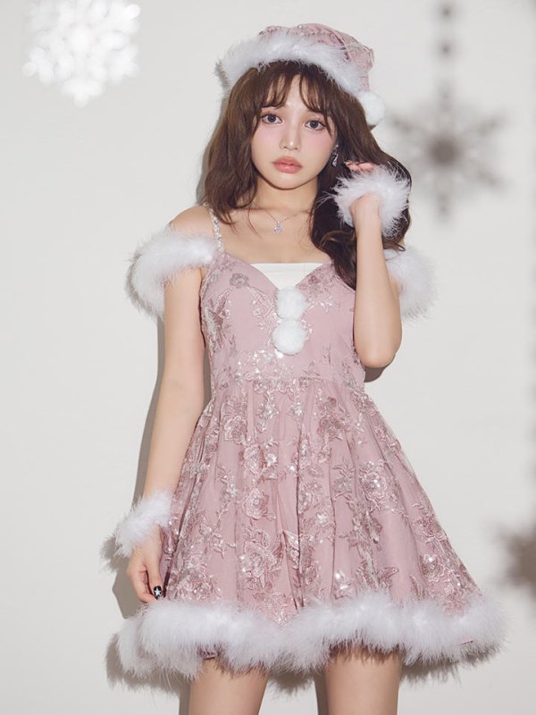 画像2: 【即日発送】【サンタ】レースファーオフショルサンタコスプレ【コスプレ4点セット】【XS-Mサイズ/1カラー】[OF03] (2)