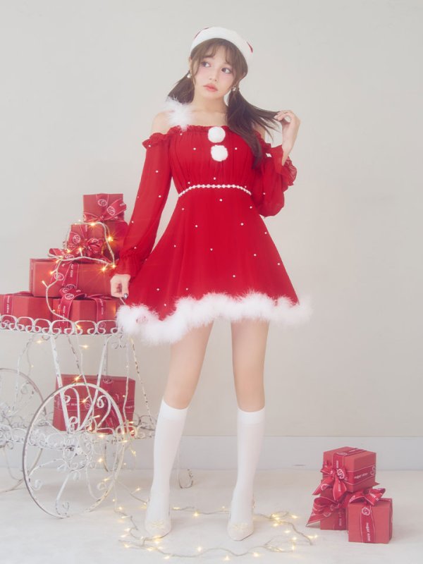 画像36: 【即日発送】【サンタ】袖付きシフォンワンピースビジューサンタコスプレ【コスプレ3点セット】【S-Mサイズ/2カラー】[OF04] (36)