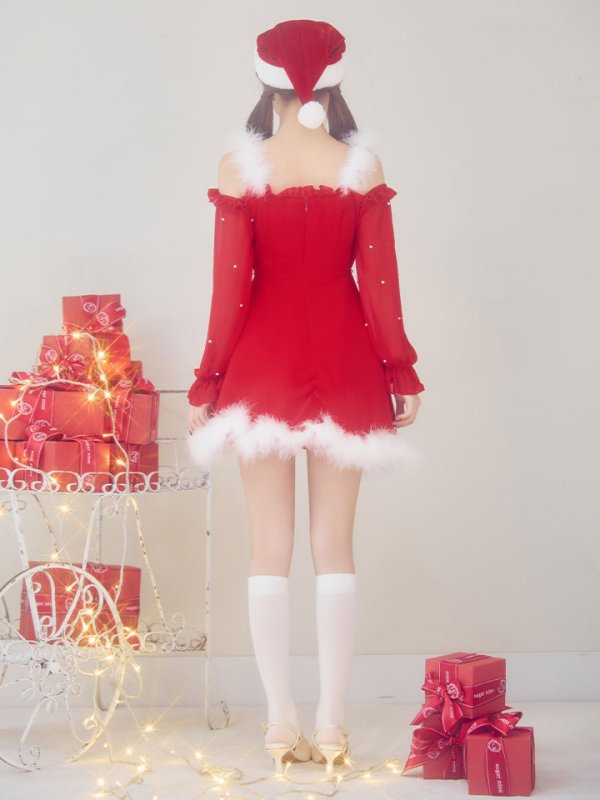 画像38: 【即日発送】【サンタ】袖付きシフォンワンピースビジューサンタコスプレ【コスプレ3点セット】【S-Mサイズ/2カラー】[OF04] (38)
