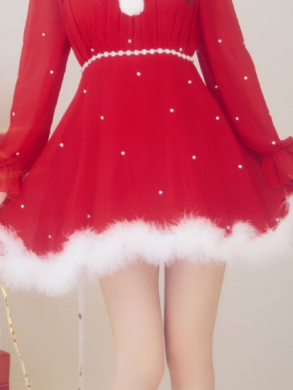 画像40: 【即日発送】【サンタ】袖付きシフォンワンピースビジューサンタコスプレ【コスプレ3点セット】【S-Mサイズ/2カラー】[OF04] (40)