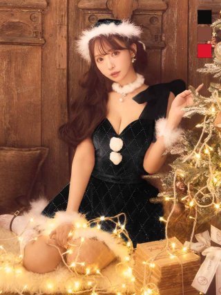 AngelR - sugar　キャバドレス　クリスマス　サンタコスプレ　ギンガムチェック　ブラック サンタコス 5点セット】【XS-XLサイズ/2カラー】ギンガム