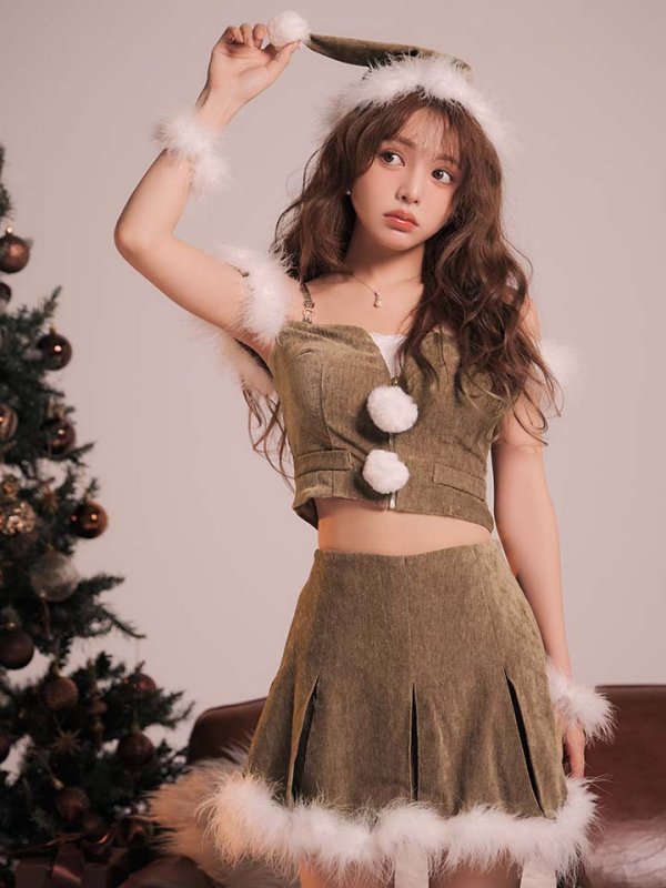 画像1: 【即日発送】【サンタ】ファーショルダーシースルーフレアサンタコスプレ【コスプレ5点セット】【XS-XLサイズ/2カラー】[HC03] (1)