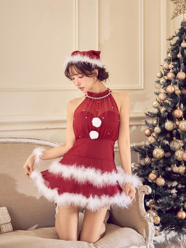 画像15: 【即日発送】【送料無料！】【サンタ】シフォンホルターネックティアードサンタコスプレ【コスプレ4点セット】【XS-Lサイズ/2カラー】[OF04] (15)