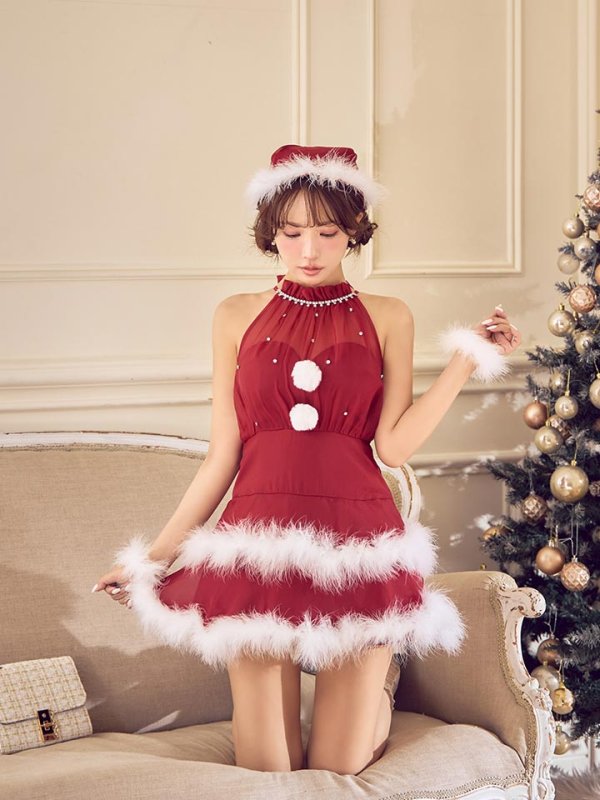 画像20: 【即日発送】【送料無料！】【サンタ】シフォンホルターネックティアードサンタコスプレ【コスプレ4点セット】【XS-Lサイズ/2カラー】[OF04] (20)