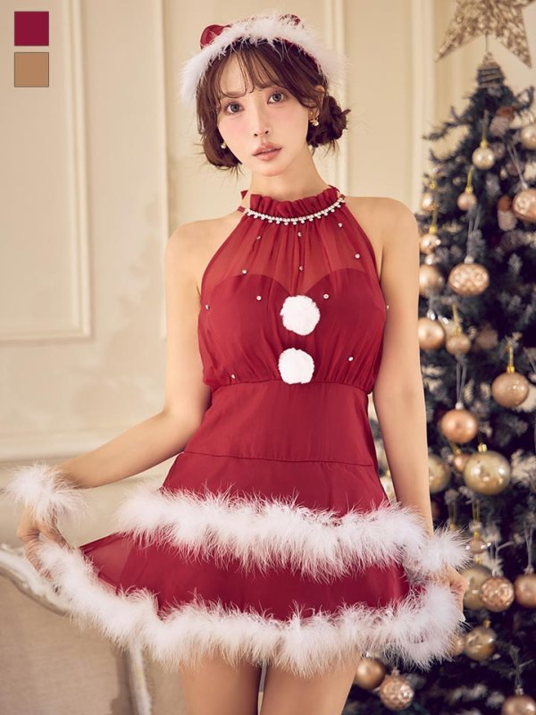 画像2: 【即日発送】【送料無料！】【サンタ】シフォンホルターネックティアードサンタコスプレ【コスプレ4点セット】【XS-Lサイズ/2カラー】[OF04] (2)