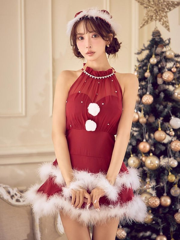 画像25: 【即日発送】【送料無料！】【サンタ】シフォンホルターネックティアードサンタコスプレ【コスプレ4点セット】【XS-Lサイズ/2カラー】[OF04] (25)