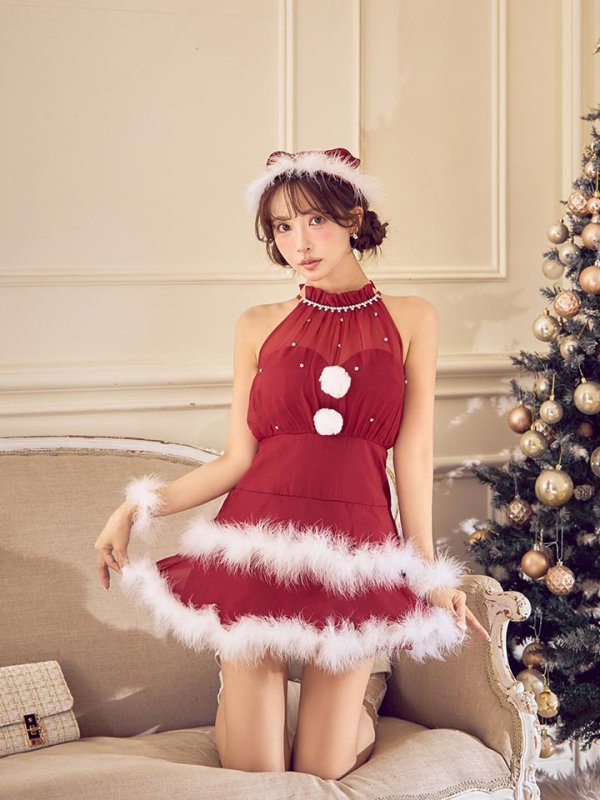 画像26: 【即日発送】【送料無料！】【サンタ】シフォンホルターネックティアードサンタコスプレ【コスプレ4点セット】【XS-Lサイズ/2カラー】[OF04] (26)