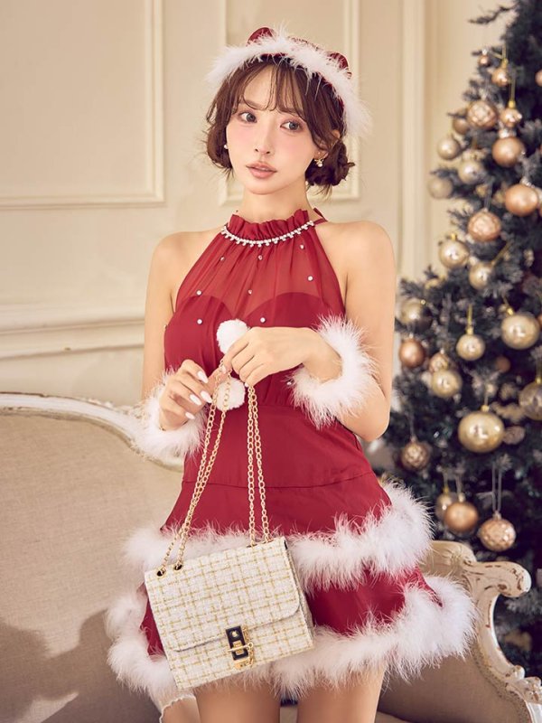 画像28: 【即日発送】【送料無料！】【サンタ】シフォンホルターネックティアードサンタコスプレ【コスプレ4点セット】【XS-Lサイズ/2カラー】[OF04] (28)