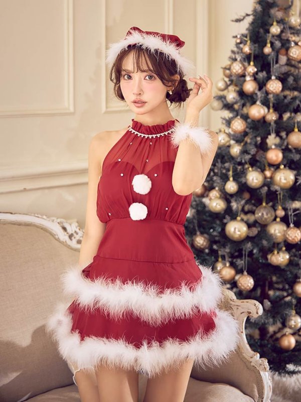画像29: 【即日発送】【送料無料！】【サンタ】シフォンホルターネックティアードサンタコスプレ【コスプレ4点セット】【XS-Lサイズ/2カラー】[OF04] (29)
